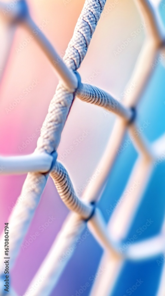 Wall mural close-up of white rope net creating abstract pattern with colorful background