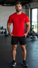 Portrait of muscular sportsman posing in gym