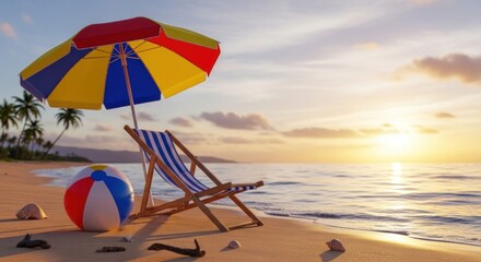 A colorful beach scene at sunrise, featuring a beach chair, umbrella, and beach ball, evokes a serene and tranquil summer atmosphere.