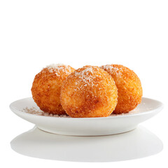 Three Arancini on a White Plate isolated on transparent background