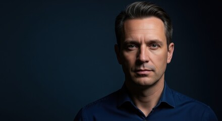 Fototapeta premium Confident caucasian adult male with short hair in blue shirt on dark background