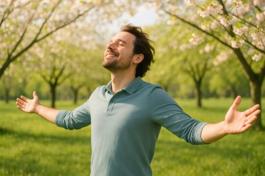 Young man is embracing nature with open arms, breathing fresh air and enjoying the beauty of springtime in a flowering orchard