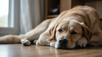 Close-up of a relaxed blonde Labrador retriever lying on a hardwood floor, bathed in soft natural light. Peaceful indoor scene perfect for pets, home, and lifestyle photography.