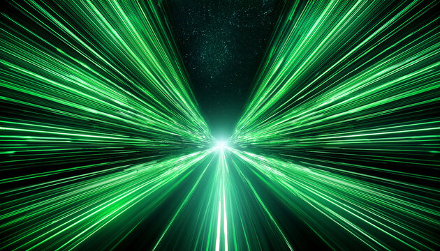 neon green warp tunnel glowing light trails in deep space abstract cosmic journey