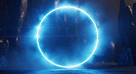 A glowing blue circle, a luminous ring, sits in a smoky, dark, and mysterious setting, creating an otherworldly ambiance.