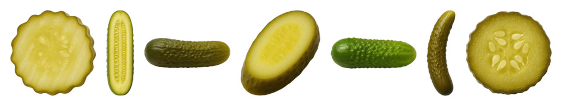 Pickle and cucumber set including whole, sliced, halved, gherkin, and cornichon varieties isolated. Versatile food ingredient collection.