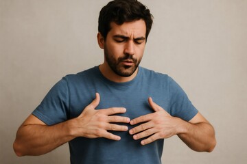 Young man experiencing chest pain, possible heart attack or anxiety, holding his chest with a worried expression