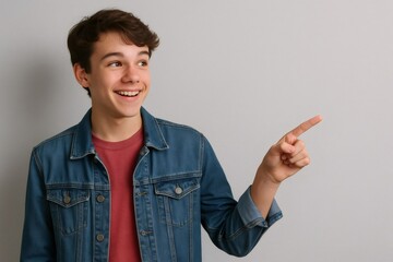 Studio shot of a cheerful teenager pointing towards copy space, visualizing future goals with a smile