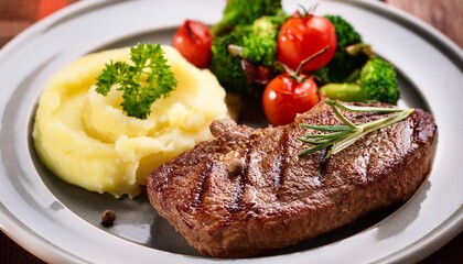 grilled steak mashed potatoes and vegetables