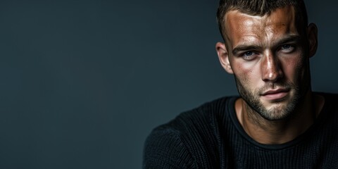 Moody close-up of a serious man in dramatic lighting against a dark background