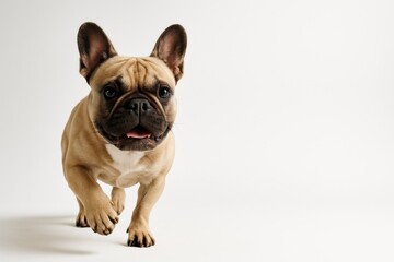 Fototapeta premium French Bulldog Running Toward Camera with Playful Expression on White Background. Pet, Dog, Pedigree