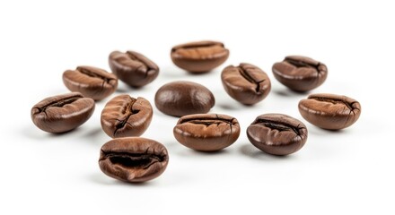 Roasted coffee beans arranged in a circle on a white background.