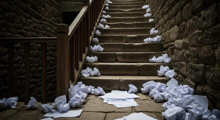 Crumpled papers on stone staircase in dimly lit rustic setting