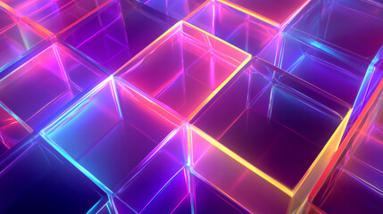 Neon geometric grid with glowing transparent cubes and vibrant holographic light reflections in futuristic abstract digital background