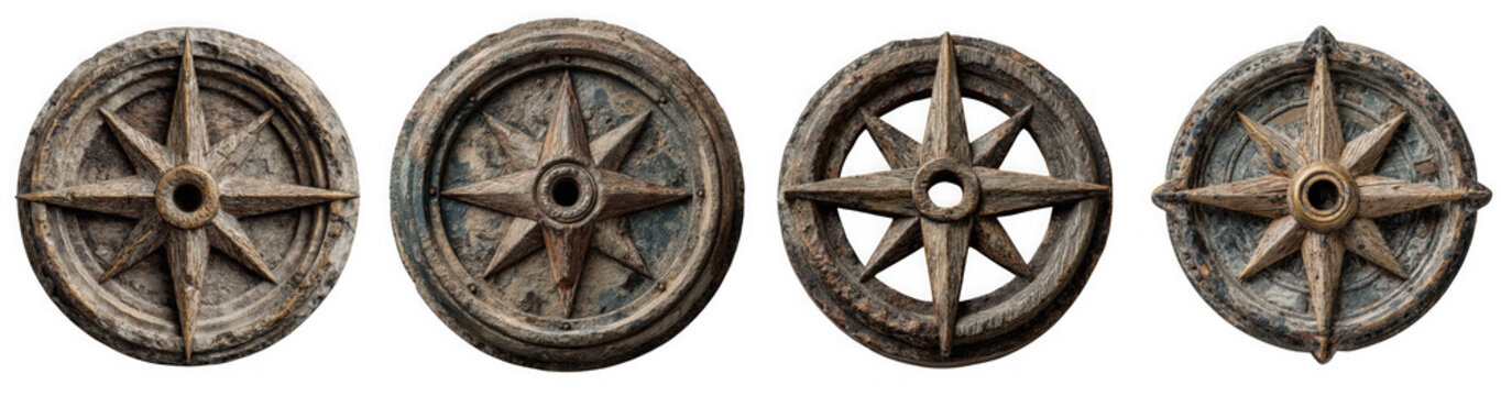 Four antique stone compass roses with eight points, isolated on transparent background