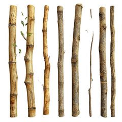 Set of bamboo wood stalks, sections, isolated on a white transparent background