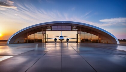 design a modern private jet hangar with a large door that opens to reveal a private jet inside the exterior of the hangar should be made of glass and metal