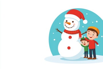 Joyful Children Building Snowman in Winter Wonderland Scene with Snowflakes and Festive Atmosphere
