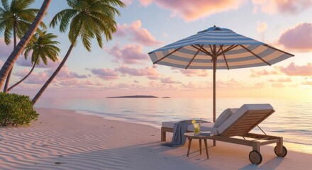 A tranquil beach scene at sunset featuring a wooden sun lounger, a striped umbrella, and a cocktail table, evoking a relaxing vacation mood.