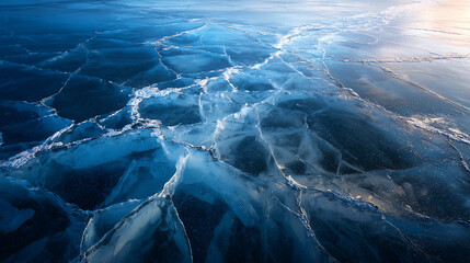 aerial close-up of frozen lake surface, cracked ice