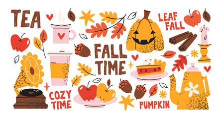Naklejka premium Set cozy autumn stickers.Pumpkin, pie, apples, boots, tea, books,, candle and falling leaves.Warm elements for seasonal comfort,cozy mood and holiday decoration.Isolated vector cartoon illustration
