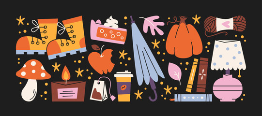Obraz premium Set cozy autumn stickers.Pumpkin, pie, apples, boots, tea, books,, candle and falling leaves.Warm elements for seasonal comfort,cozy mood and holiday decoration.Isolated vector cartoon illustration