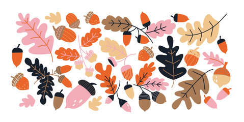 Set of autumn leaves and acorns.Oak, maple, colorful foliage and nuts, seasonal forest plants. Natural fall collection for decoration, botanical patterns and cozy stickers. Vector illustrations. © Limpreom