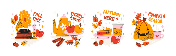 Set cozy autumn stickers.Pumpkin, pie, apples, acorns, tea, cinnamon, kettle, candle and falling leaves.Warm elements for seasonal comfort,cozy mood and holiday decoration.Isolated vector illustration