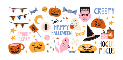 Halloween stickers in retro cartoon style. Scary magic holiday elements: pumpkins, ghosts, witch hats. Candles, cauldron, skulls, spooky decor. Illustration in retro cartoon style, trendy shapes