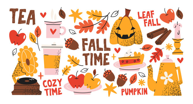 Set cozy autumn stickers.Pumpkin, pie, apples, boots, tea, books,, candle and falling leaves.Warm elements for seasonal comfort,cozy mood and holiday decoration.Isolated vector cartoon illustration