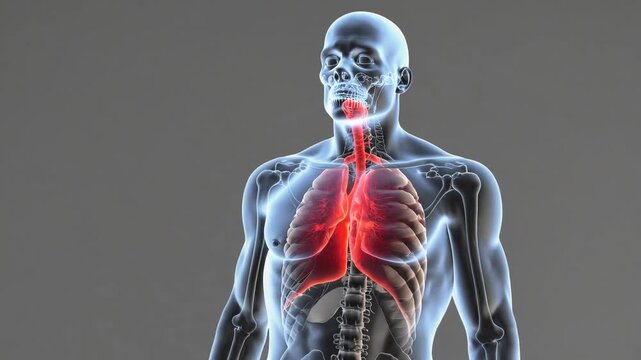 Medical three-dimensional moving of unwell male respiring swiftly, unwell male respiring swiftly, respiratory organs emphasized in red, anatomical radiograph depiction of lung inflammation or other p
