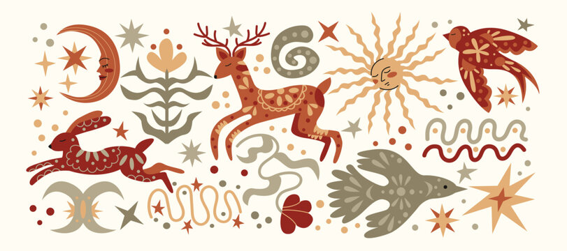Mystical boho forest animals, plants, moon, sun.Ethnic magical symbols for spiritual illustration, folklore fairy tale, magical mysterious enigmatic forest. Nature bohemian decoration and leaf shapes
