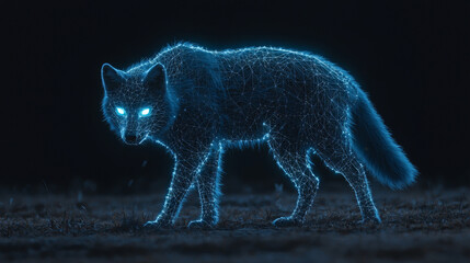 Glowing, digital wolf stands dark environment, its body composed of intricate blue lines and glowing eyes, creating futuristic and ethereal appearance. scene evokes sense of mystery and technology