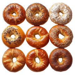 Set of fresh bagels, top view, isolated on a white transparent background