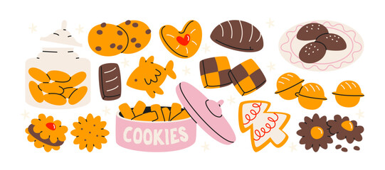 Set of cookies and sweets in retro cartoon style. Chocolate chip, biscuits, wafers, jam cookies, shortbread and festive treats. Cute bakery illustration for dessert menu, pastry shop and confectionery