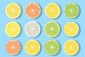Colorful Fruit Slices of Lemon, Lime, Grapefruit, and Orange on Bright Blue Background for Fresh Design Elements