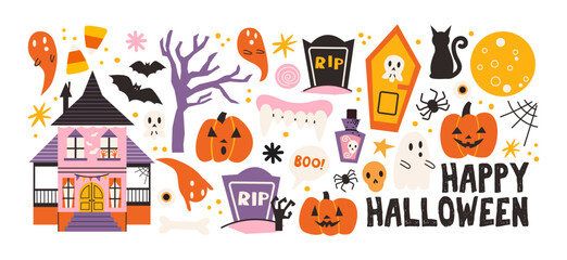 Halloween stickers in retro cartoon style. Scary magic holiday elements: pumpkins, ghosts, witch hats. Candles, cauldron, skulls, spooky decor. Illustration in retro cartoon style, trendy shapes © Limpreom