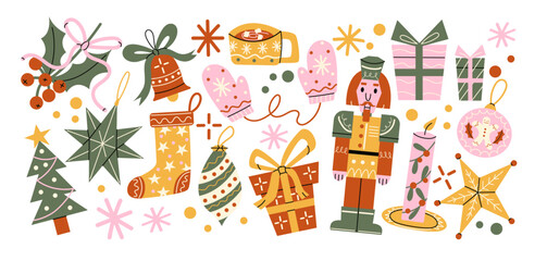 Christmas stickers in retro cartoon style. Holiday new year elements: gifts, candy canes, wreaths. Snowman, reindeer, car with presents, festive sweets. Illustration in retro cartoon style