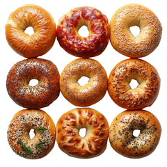 Set of fresh bagels, top view, isolated on a white transparent background