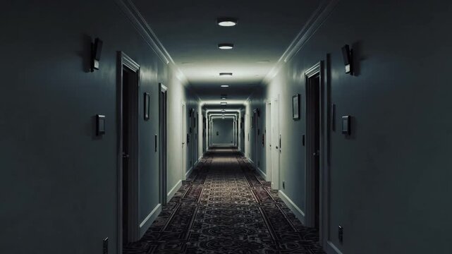 somber and dimly lit hallway within vacant lodging establishment devoid of occupants amid period of isolation