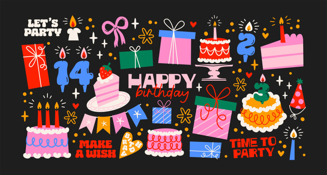 Birthday stickers set in retro cartoon. Balloons, gifts, cakes, candles, party hats, streamers festive birthday elements in trendy retro doodle style.Birthday sticker set in retro cartoon 