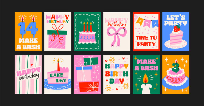 Birthday wall posters in retro cartoon. Party decor: balloons, cakes, candles, gifts, hats, greeting cards. Fun and festive illustration for holiday parties. Minimalist postcards for birthdays 
