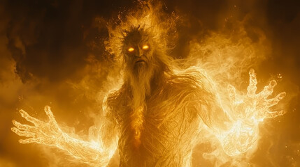 Volcanic deity with fiery arms surrounded by smoke, emanating powerful aura of heat and energy, representing strength and intensity in dramatic scene