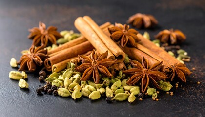 Aromatic Spices Cinnamon with Star Anise, and Cardamom.