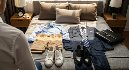 Young professional preparing for work at home, two outfits laid out on bed, one casual business style and one professional business style