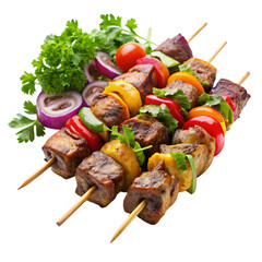 Delicious looking meat skewers with vegetables including onions peppers and tomatoes on a black background