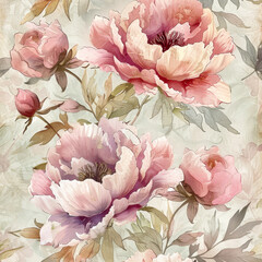 Watercolor peony blossoms in soft pastels create serene and elegant floral pattern, showcasing delicate petals and lush greenery that evoke sense of tranquility and beauty