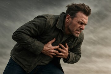 Man clutching his chest in pain during a heavy storm, depicting wind resistance and struggle against the elements