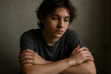 Young man showing signs of depression and loneliness, hugging himself while sitting alone against a dark background
