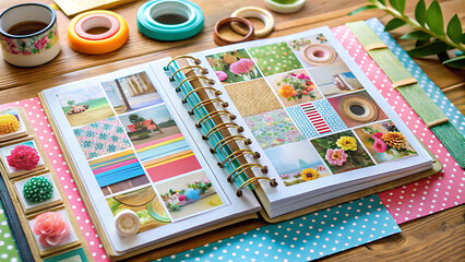 Scrapbook Open with Photos Stickers and Colorful Paper